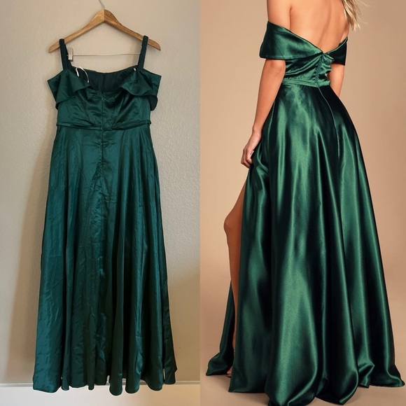NWOT Lulus Greatest Hits Forest Green Satin Off-the-Shoulder Maxi Dress - Picture 3 of 7